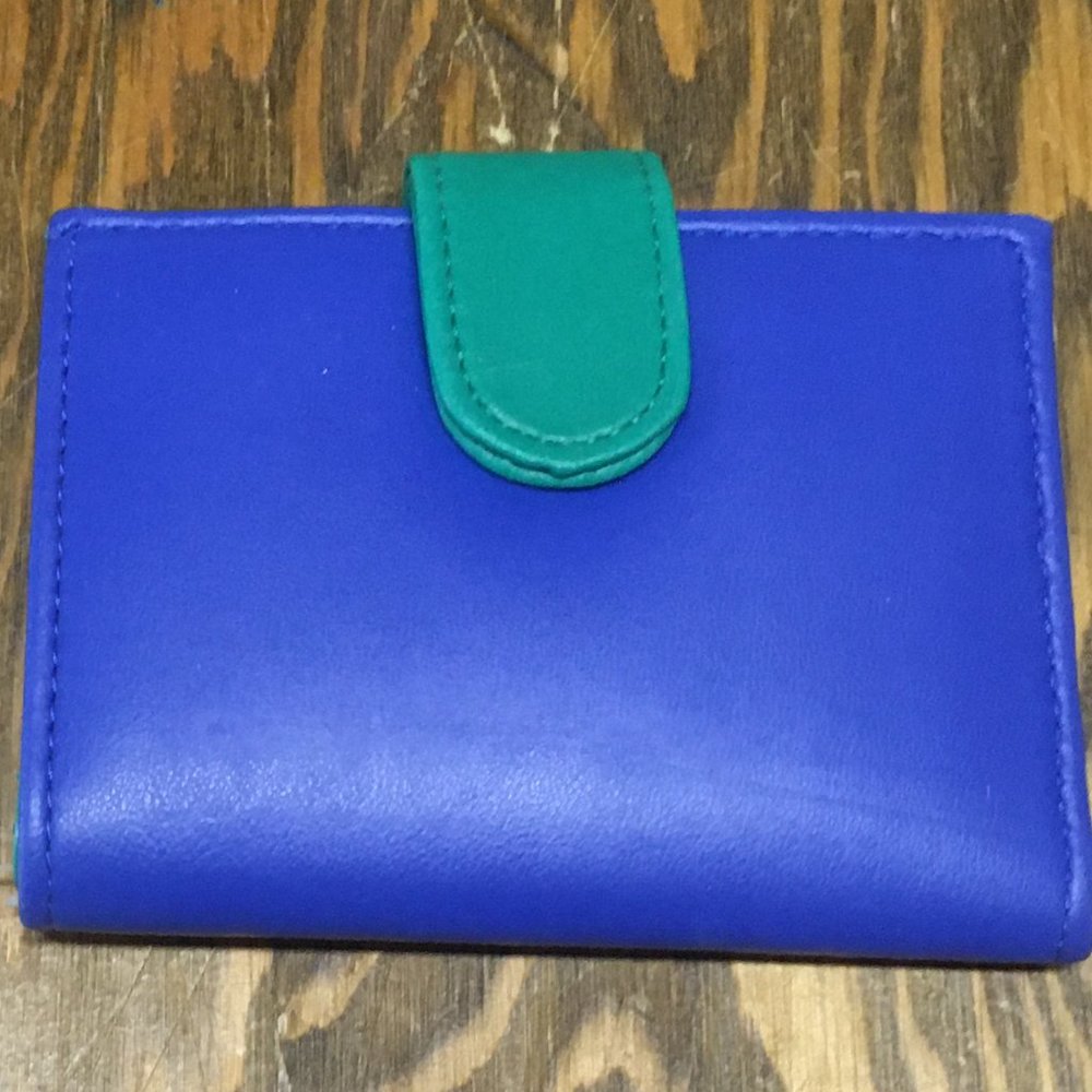 Vintage wallet thin snap button closure blue green color combo Kmart tag